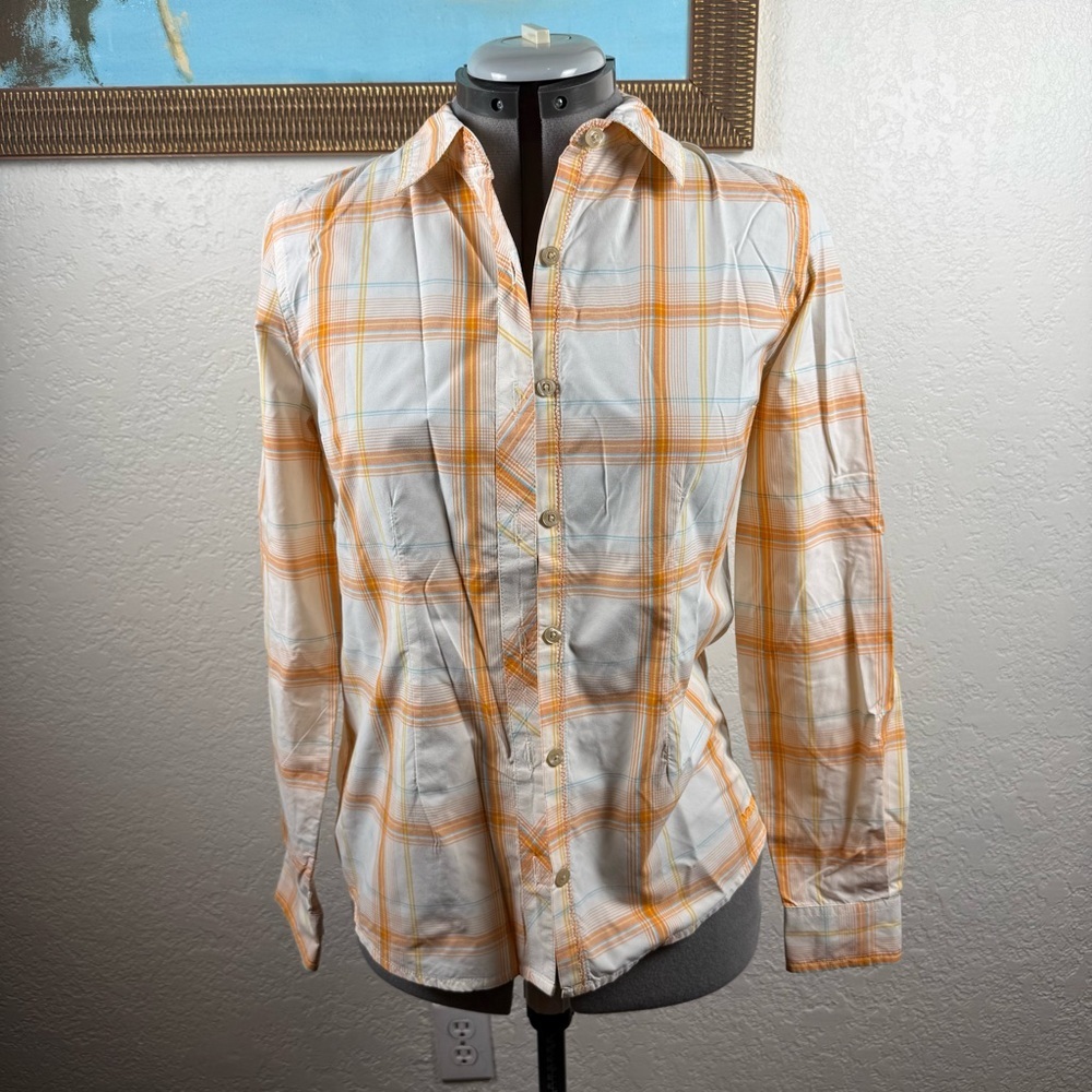 Marmot‎ Orange/White Plaid Tech Shirt Women’s Size Small Stretch Hiking Active